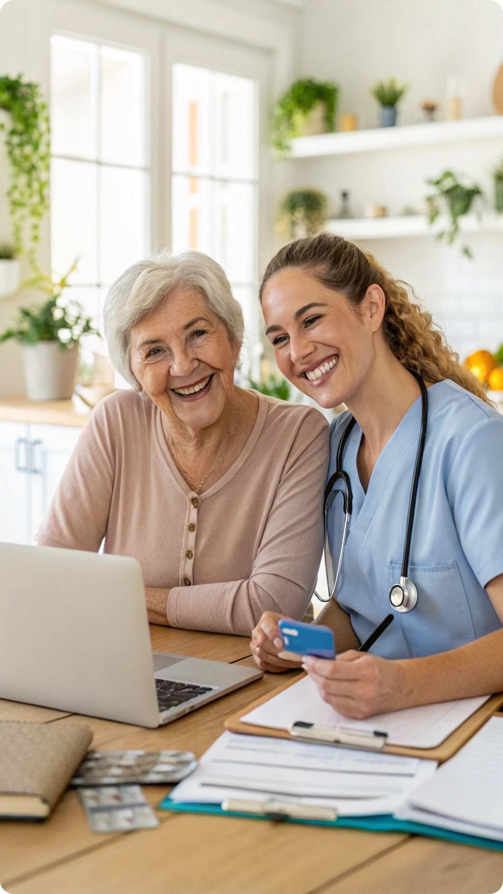 A warm, welcoming scene showing a senior woman smiling and sitting at a kitchen table with a younger caregiver beside her, both looking relaxed. On the table is a laptop and paperwork to symbolize payment or care planning