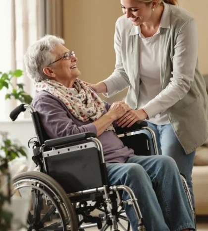 assisting a senior in a wheelchair assisting a senior in a wheelchair
